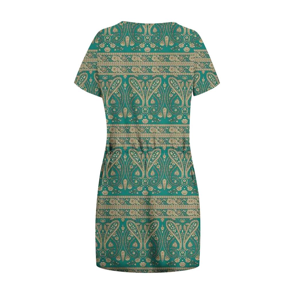 Dámské Módní Ležérní Šaty s V-výstřihem, Krátkým Rukávem, Stahovací Šňůrkou a Flitrovým Potiskem