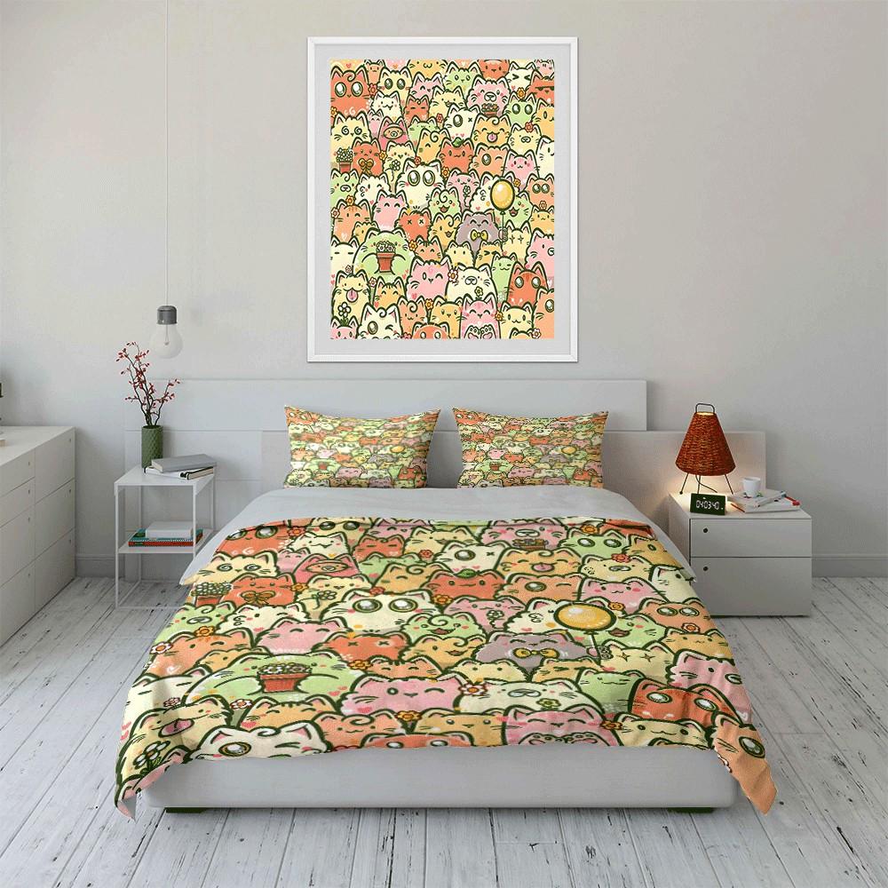 Cute Cat Pattern Three-Piece Set Exquisite Three-Piece Bedding Set Gift For Kids And Adults