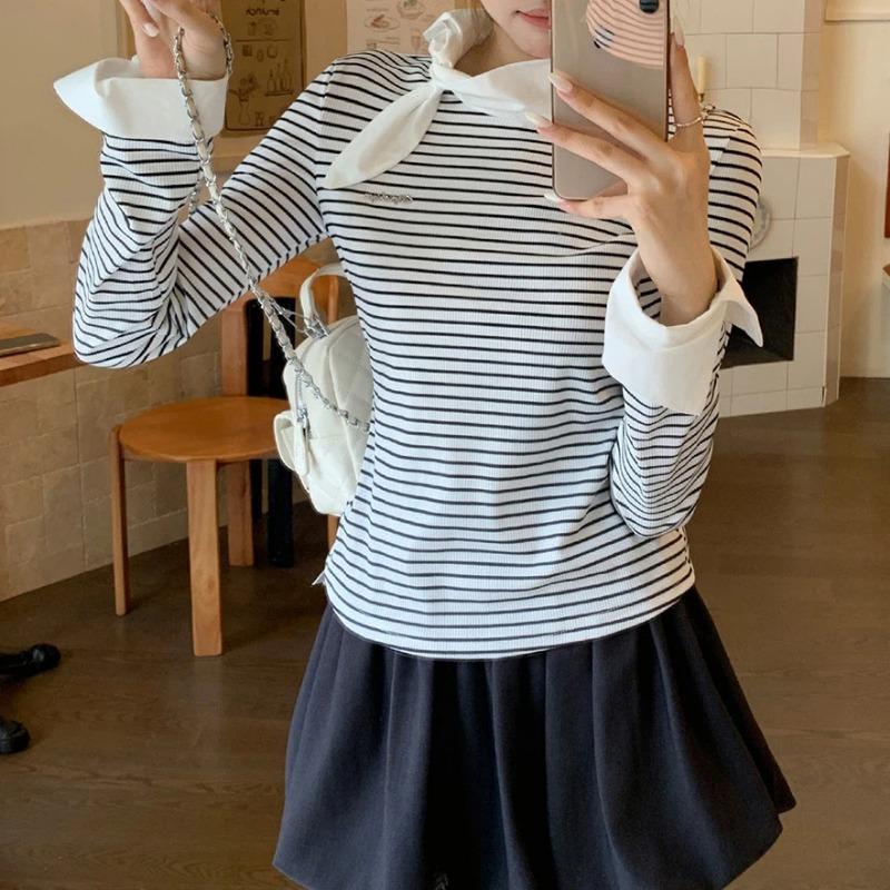 Striped Fake Two-piece Long-sleeved T-shirt for Women In Early Autumn with Bow Tie Inside Base Layer Top