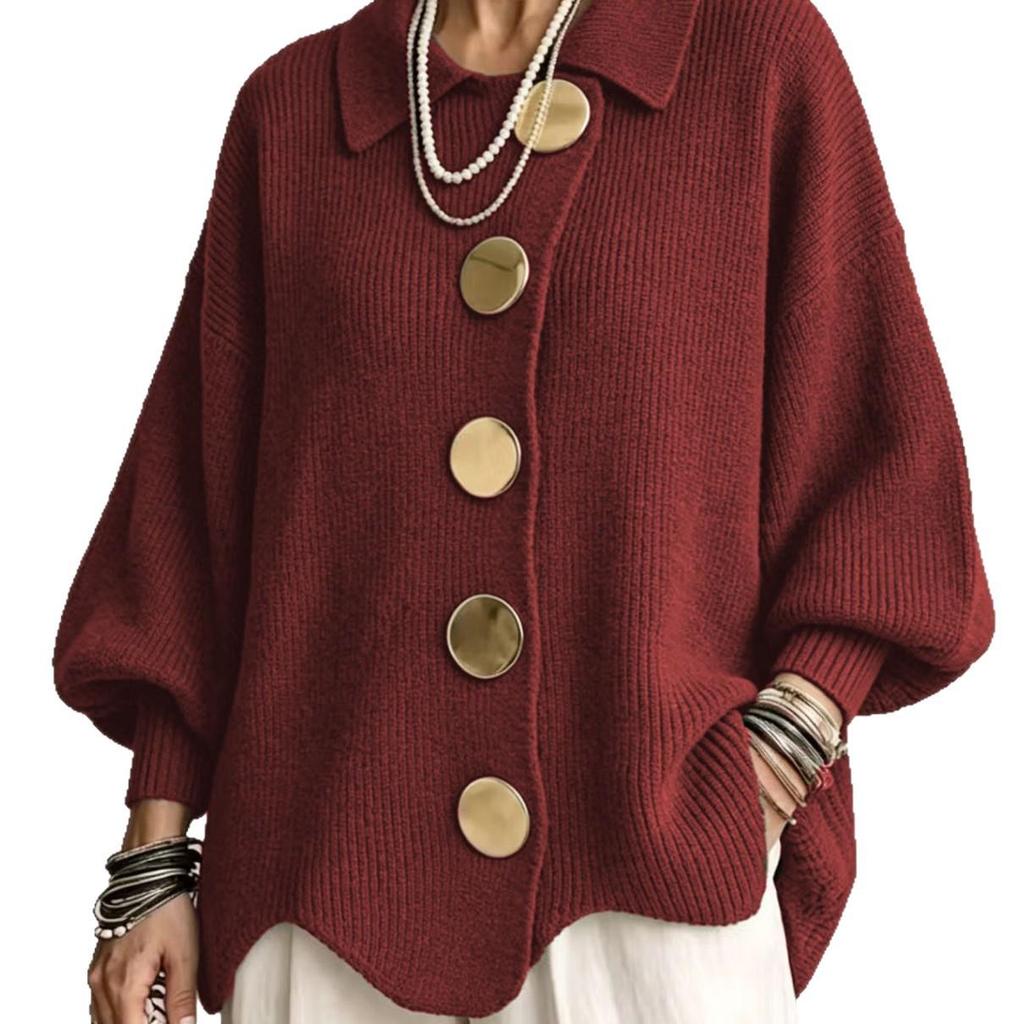 2026 European & American Retro Lapel Button Knit Cardigan - Women's Autumn/Winter Loose Coat