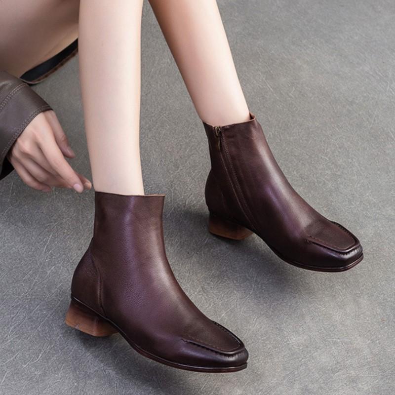 Johnature Square Toe Thick Heel Boots Versatile Genuine Leather Short Boots Commuting Women's Shoes