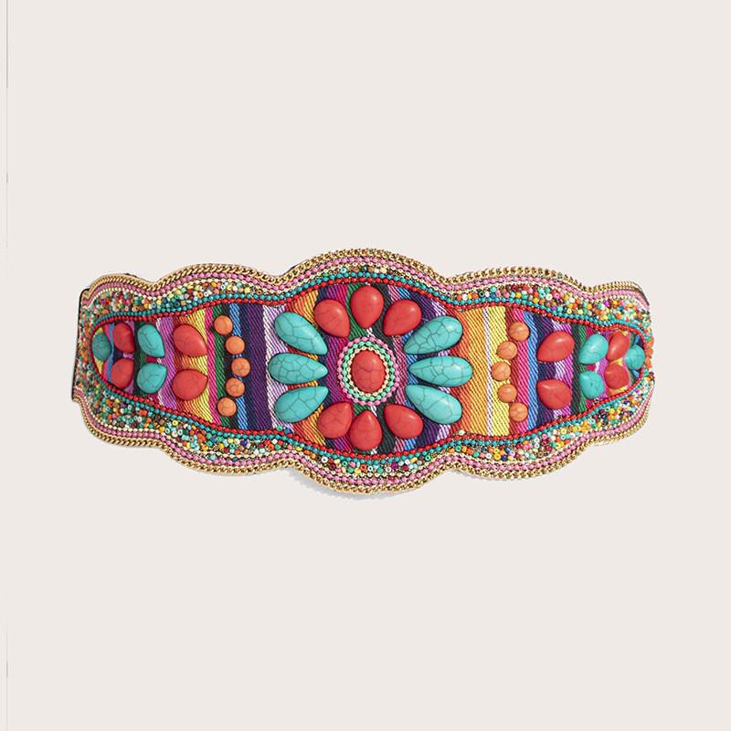 Womens Bohemian Style Fabric Waist Belt With Turquoise Beads And Embellishments For Outfits Seasonal