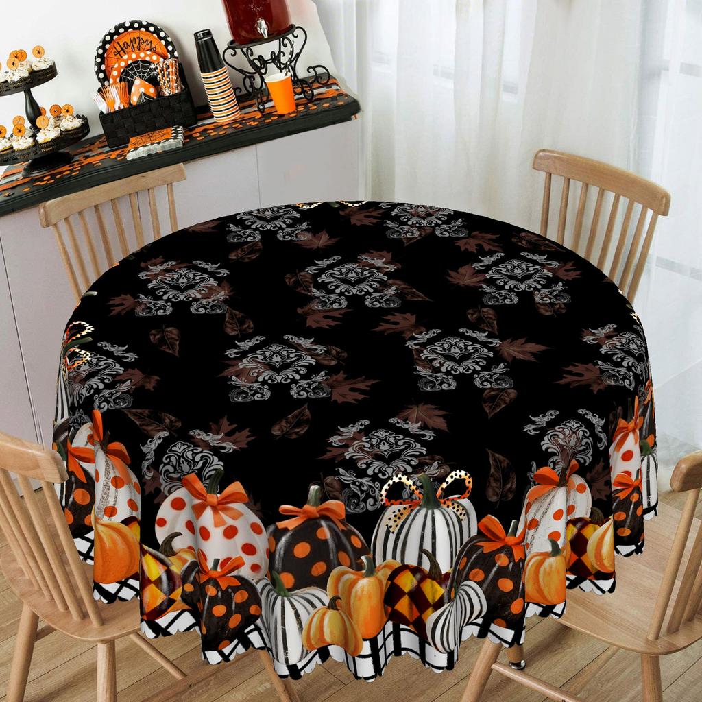 Halloween Pumpkin Polka Dot Tablecloth Orange Black Contrasting Shading, Round Square Optional, Picnic Restaurant Decoration