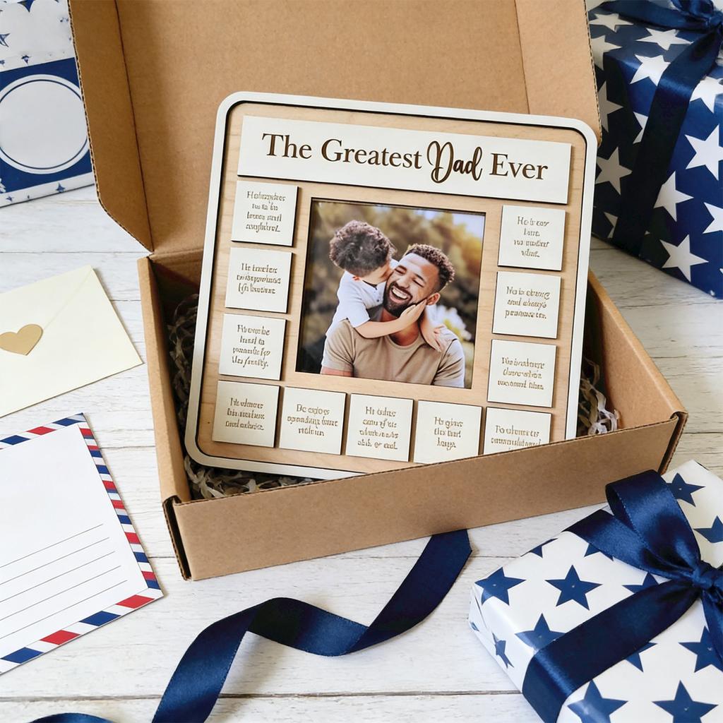 Wooden Photo Frame The Greatest Dad Ever 25cm Square Multi-Section Picture Frame Home Decoration Craft Gift for Father Display