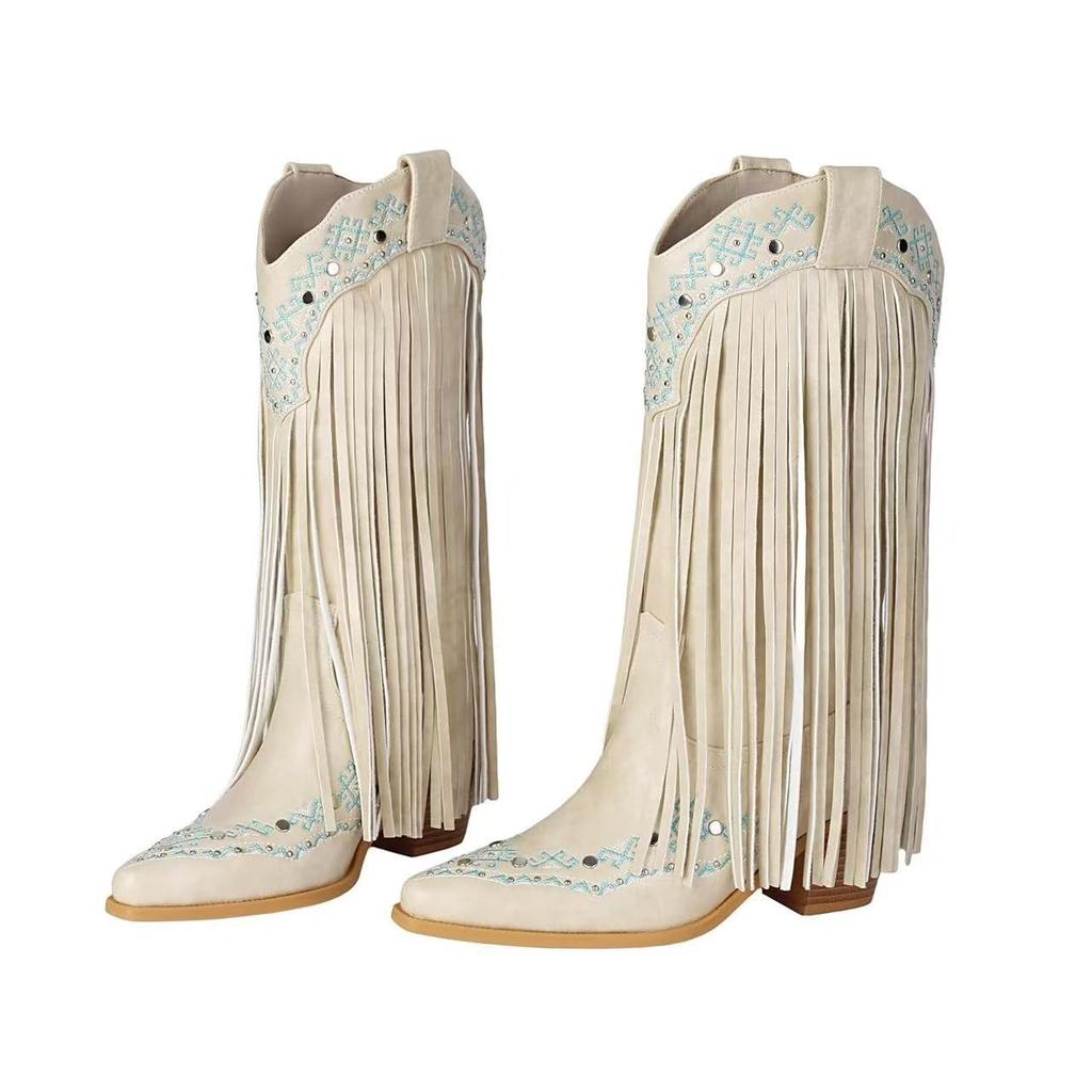 Cowboy Boots Embroidery Autumn and Winter New Knight Boots Large Size Fringed Thick Heel Rivet Western High Boots