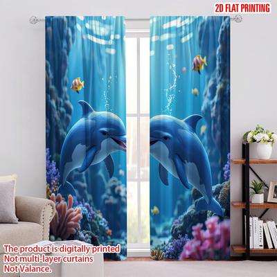 Set Of 2 Flat Printing Curtain Ocean Versatile Fabric Without Electricity Spring Party Holiday Decor Festive Atmosphere Curtains Made Polyester