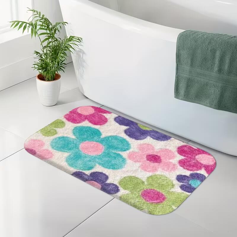 1pc White Background Small Floral Print Bathroom Non-slip Rug Mat, Machine Washable - Ideal for Kitchen, Entryway, and Shower Room Decor - Perfect Hou