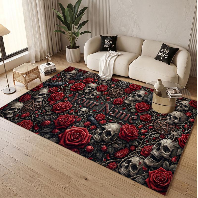 Totenkopf Gothic Thema Weicher Kristall-Samt Teppich Benutzerdefinierter Name & Text Druck Rutschfester Boden Teppich für Schlafzimmer Wohnzimmer
