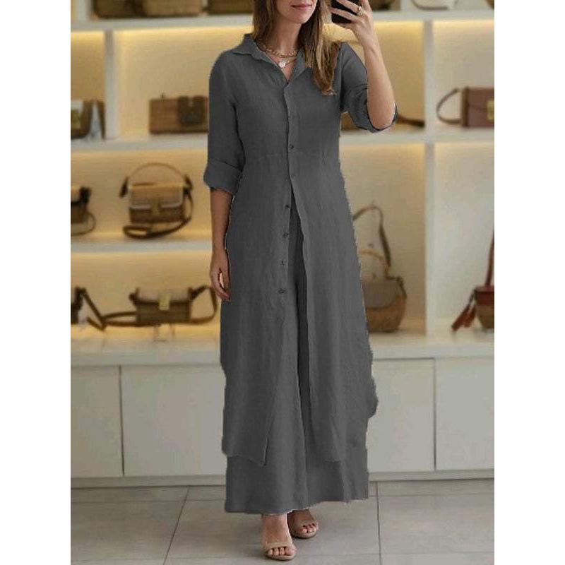 Cross-border Europe and the United States 2025 spring and summer new _ casual linen suit _ women's elegant long-sleeved wide-leg pants two-piece set 
