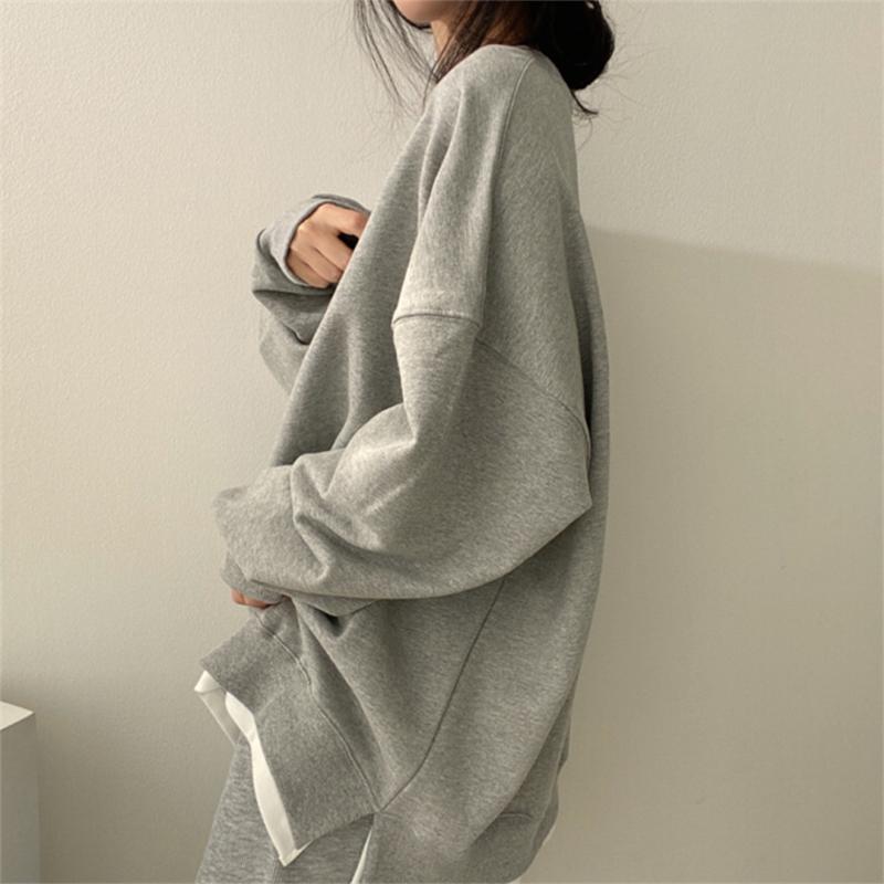 Damen Frühling und Herbst Lockerer Koreanischer Stil Sweatshirt Einfarbig Rundhals Pullover Jacke