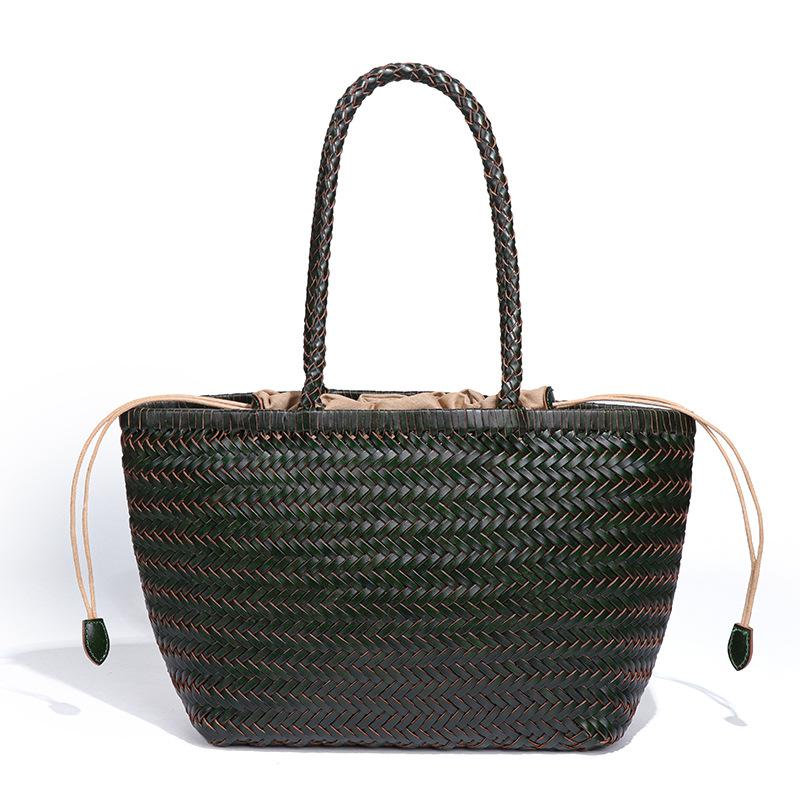 Woven French Leather Basket Bag, Rattan Handbag, Women's Large-capacity Fashionable and Casual Single-shoulder Underarm Bag