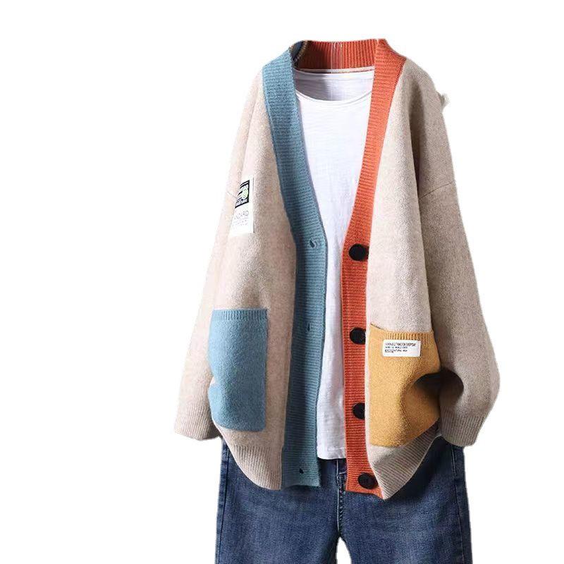 Artistic Autumn Color Block Long Sleeve Knit Buttoned Cardigan Sweater