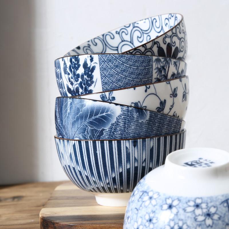 4Pcs/Set Retro Ceramic Bowl Household Rice Noodle Bowl Creative Blue and White Porcelain Soup Bowl Underglaze Tableware Set