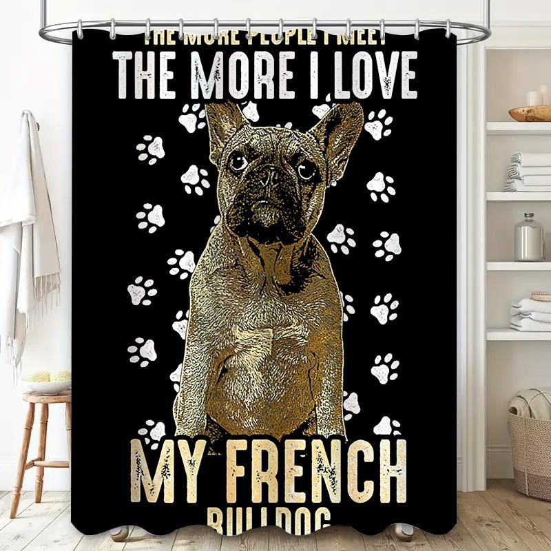 Decorative Dog Print Shower Curtain French Bulldog Design, White Paw Prints, Premium Quality Fabric, Waterproof Bath Mat Set for