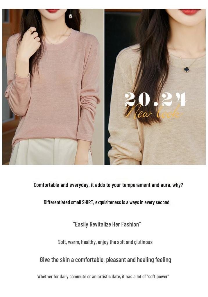 Women's Minimalist Wool Pullover - Thin, Round Neck, Long Sleeve, Loose Fit