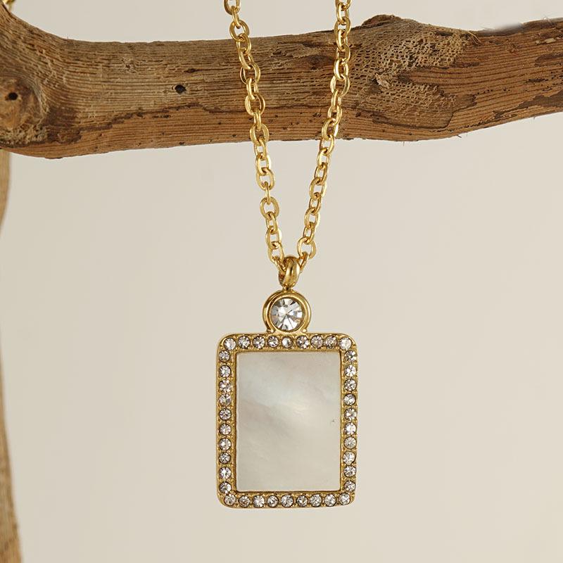 18K Titanium Steel Birthstone Pendant Necklace with Square Shell Design for Women