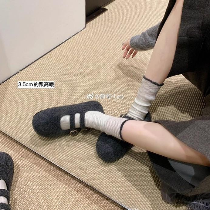 Shoes heightened round head double buckle belt Birkenstock woolen Mary Jane woolen single shoes