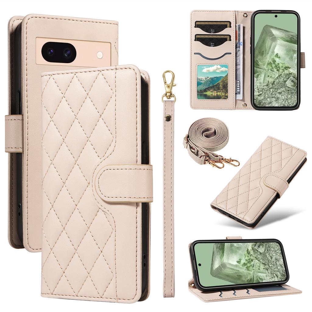For Google Pixel 8a Case Wallet Rhombus Leather Phone Cover with Shoulder Strap,Wrist Strap