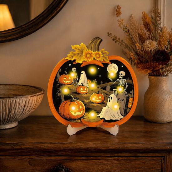 Mysterious Fantasy Home Decor Halloween Wooden Pumpkin Sign, LED Light Up Ghost Hanging Creepy Aesthetic Wall Sign for Indoor Outdoor Holiday