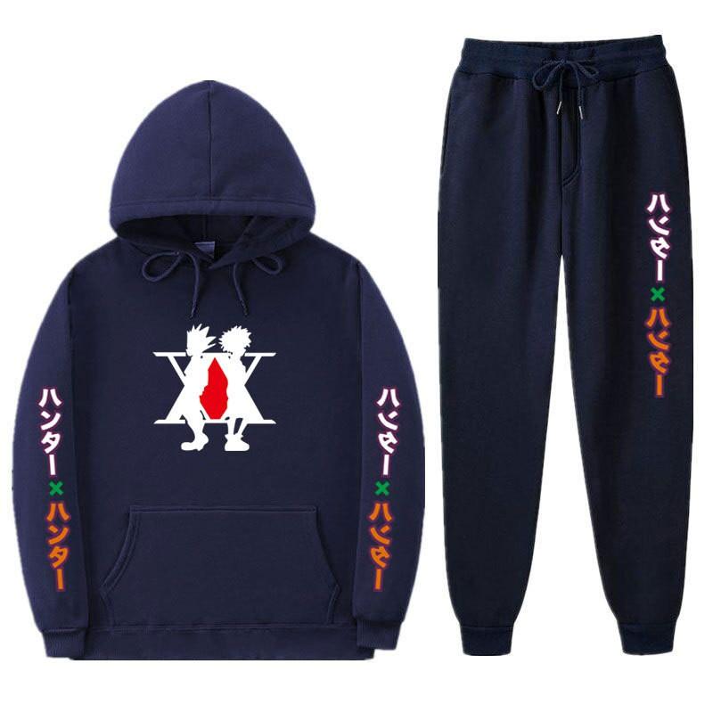 Mens Winter Warm Hooded Sweatshirt Pants Set Anime Inspired Casual Tracksuit Cotton Blend Thick Fleece Lined