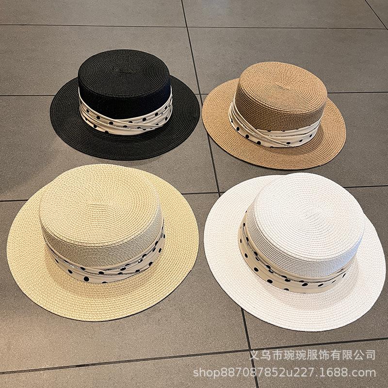 Polka Dot Rhinestone Ribbon Straw Hat Women's French Summer Seaside Vacation Sun Hat Fine Grass Weaving Sunshade Tea Party Top Hat