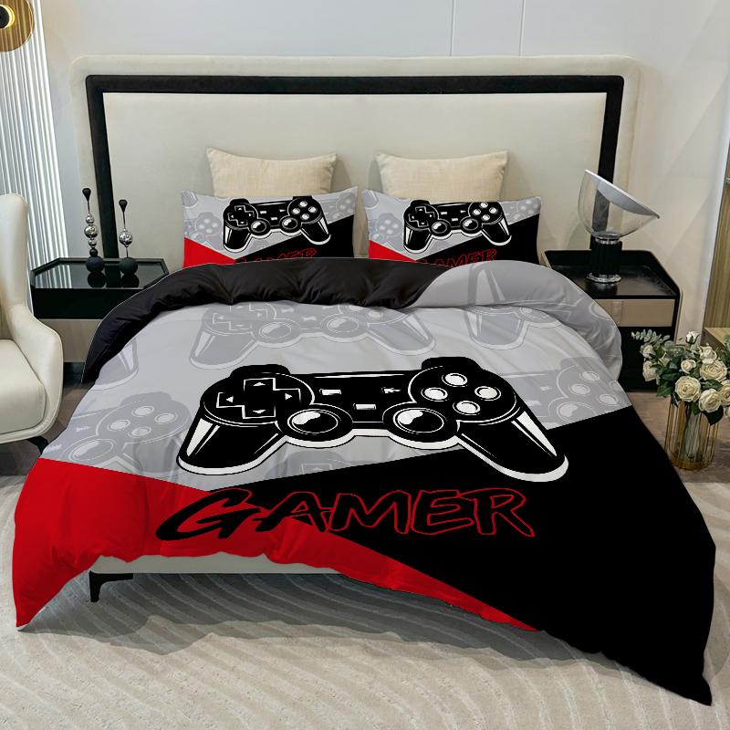 3-delige Splicing Game Console Bedding Cover Rood Zwart Blauw Zwart 100%Polyester 1 Dekbedovertrek 2 Kussenslopen Digitaal Printen Zonder vulling