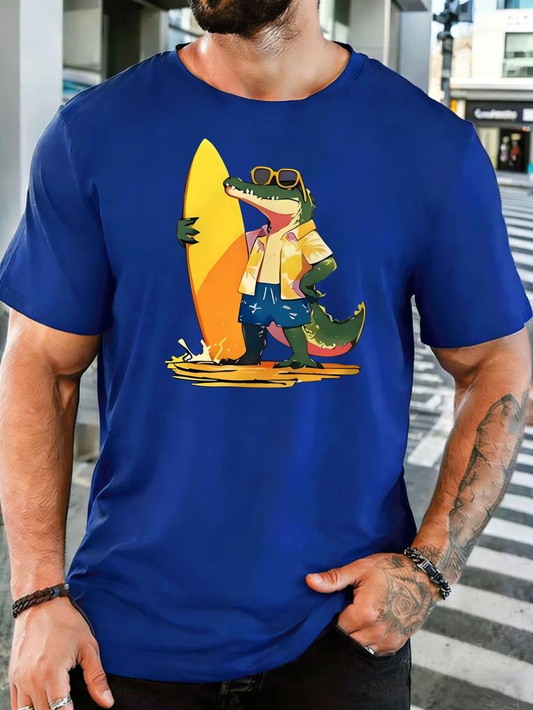 Unisex Short Sleeve T Shirt Surfing Crocodile Graphic Tee Beach Print Tops Summer Soft Cotton Casual Street Wear For Adult Male