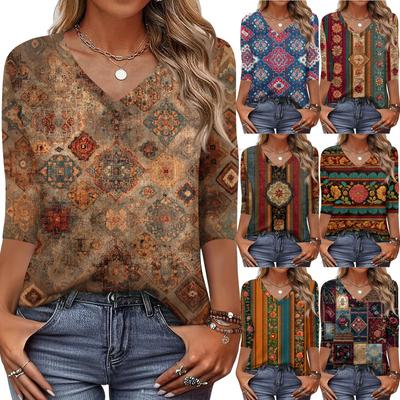 Damen T-Shirt Print 3/4 Ärmel Alltag Wochenendmode Basic V-Ausschnitt Normales Oberteil