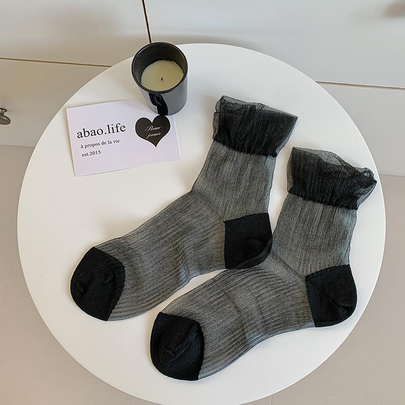 See Through Transparent Women Socks Colorful Star Summer Ultra-thin Nylon Loose Long Socks Women Sweet Girls Mesh Lace Socks Sox