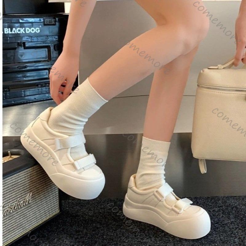 Fashion Comemore White Shoes for Women Thick Bottom Round Head Mary Janes Shoes Casual Height Increase Shallow Mouth Sneakers Female