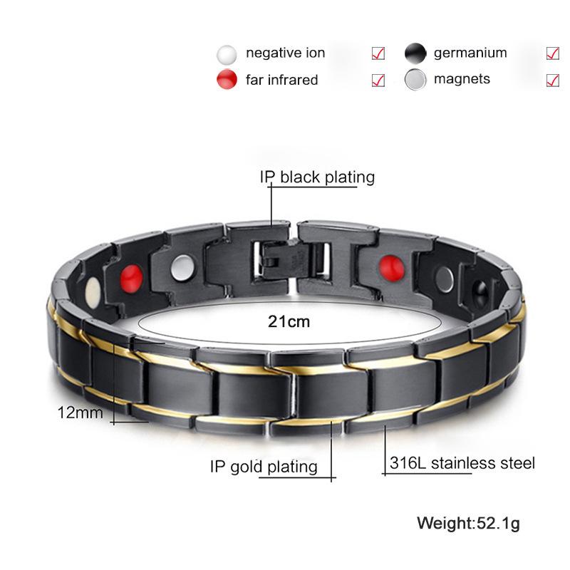 Schwarz-Gold Edelstahl Magnetisches Armband mit Germanium und Negativ-Ionen Uhrenarmband