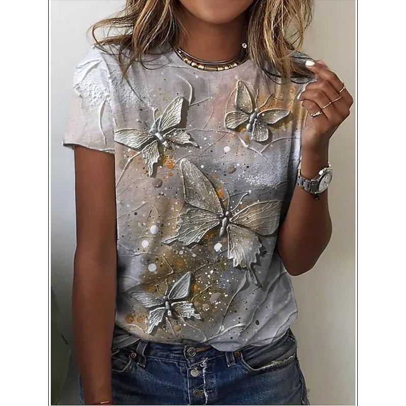 Latest Women's T-Shirt 3D Butterfly Print Top Short Sleeve Tee Fashion Round Neck Clothes for Teenagers Fashion Girl Clothes