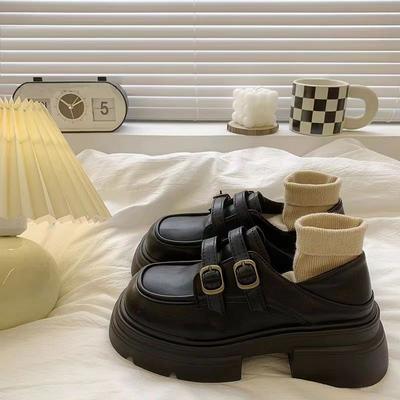 Black Platform Heightening Leather Shoes Women's Autumn and Winter New Retro British Style JK Versatile Loafer Single Shoes