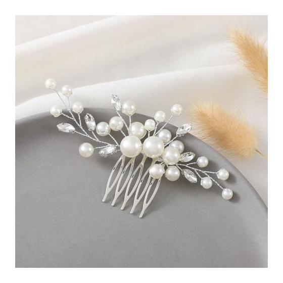 Perlen-Haarkamm Haarnadel Haaraccessoire Handgemachtes Geschenk für Hochzeit, Abschlussfeier, Japanische Formalkleidung (Silber) - Starker Halt, Elegantes schlichtes Design,