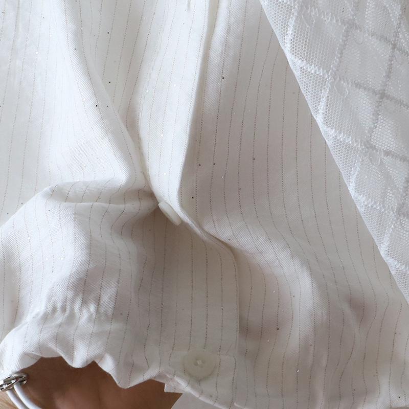 [Bi Zheng] 2025 Spring Korean Style Striped Short Long Sleeve Shirt with Lace Shawl for Women