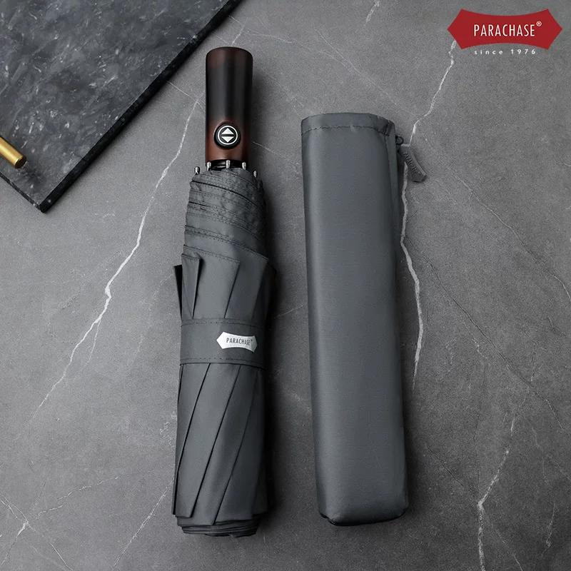 Parachase1.23 M Retro Wooden Handle Oversized Automatic Wind-Resistant Vinyl Sun Protective Double Sunny Umbrella Men's Umbrella