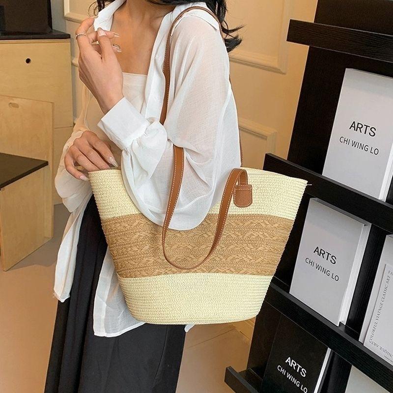 Borsa da Spiaggia in Paglia da Donna Borsa Estiva Grande Capacità Borsa a Spalla Borsa a Mano Intrecciata Borsa da Viaggio per le Vacanze