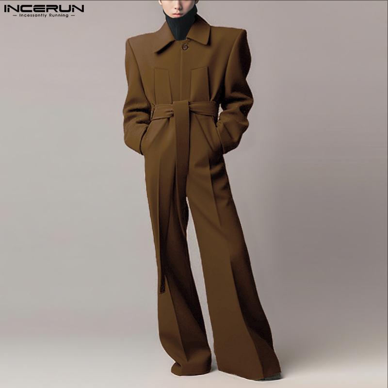 INCERUN Autumn Men Lapel Neck Long Sleeve Belt Waist Jumpsuits Casual Long Rompers