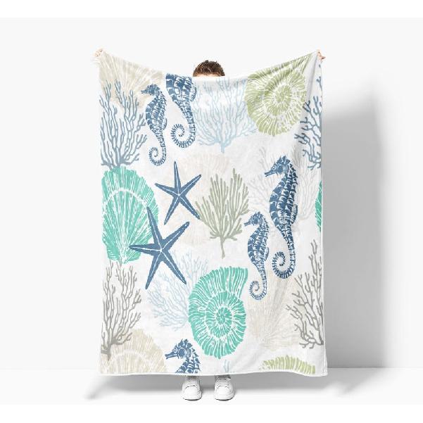 Beach Ocean Throw Blanket, Nautical Coastal Throw Blanket, Summer Blue and Teal Soft Fuzzy Blanket, Ocean Animal Theme Decor for Couch Bed Sofa