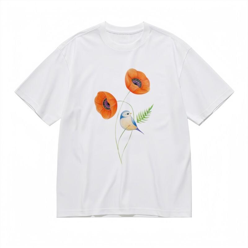

Women s All-Season Classic T-Shirt Orange Red Poppy with Fern Leaf Design Tee M