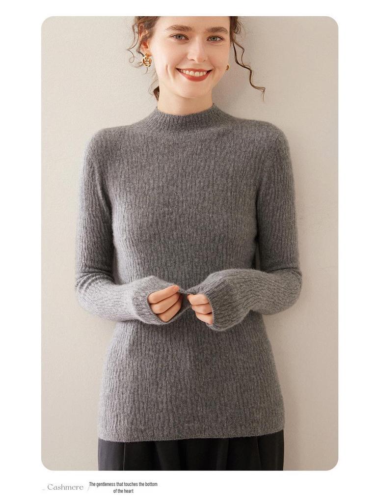 Women's Soft Cashmere Lychee-Pattern Knit Sweater - Half-High Collar, Slim-Fit, Perfect for Autumn and Winter Layers