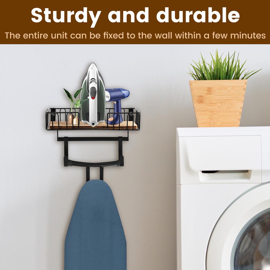 Ironing Board Hanger Wall Mount Ironing and Iron Board Hanger with Wood Storage Base Hooks Multifunctional Storage Holder Home
