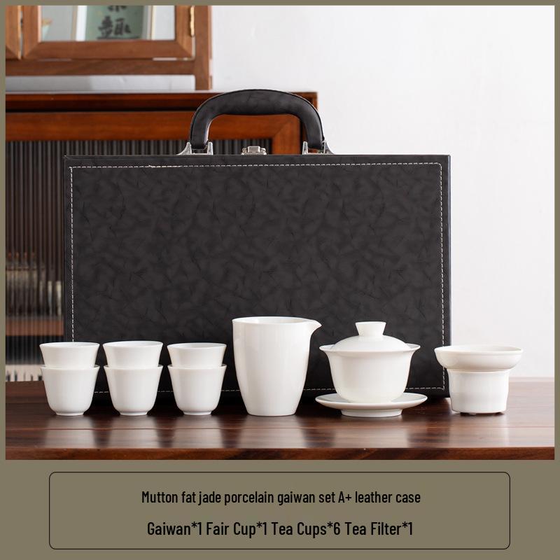 Lux Mutton Fat White Porcelain Kung Fu Tea Set: Gaiwan & Teacup with Portable Gift Box