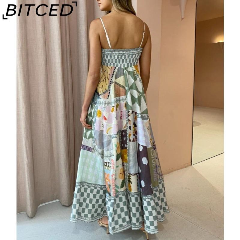 BITCED Spring/Summer Casual Maxi Dress for Women Spaghetti Strap Printed Linen 9 Colors Full-Skirted Dress
