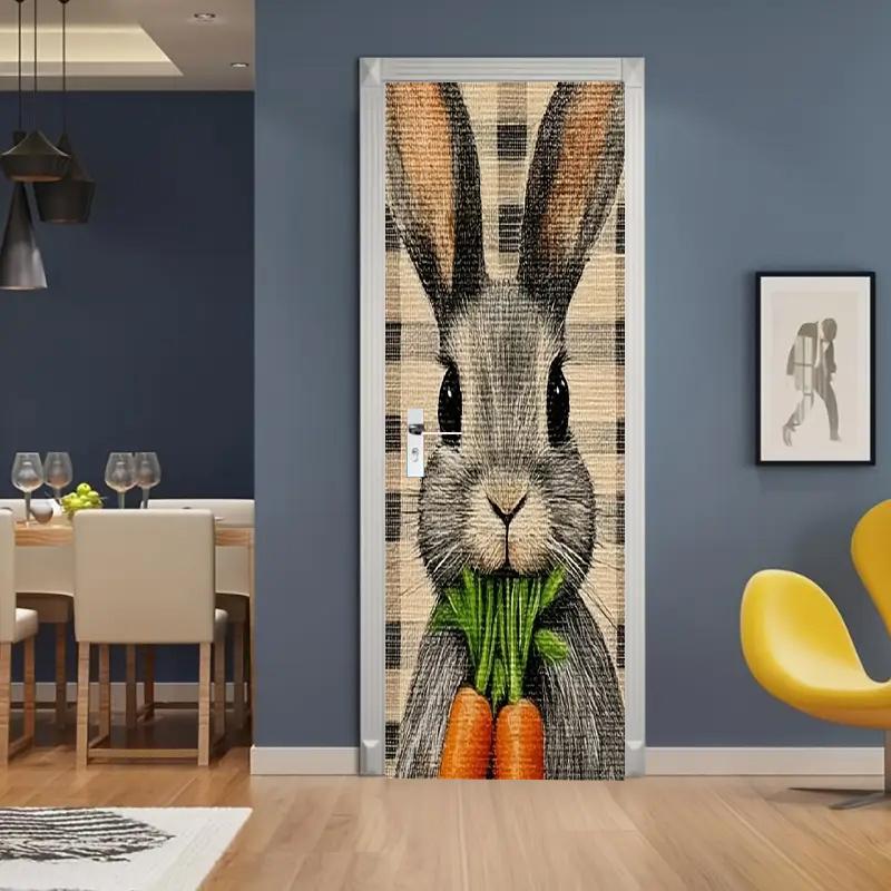 3D Rabbit and Carrot Bridge Self-adhesive Door Wallpaper 3D PVC Home Decor Sticker Beach Sun Scenery Poster Mural Wall Decal Deursticker