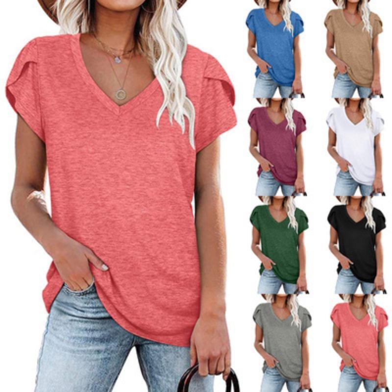 Camicette e camicie da donna con scollo a V, maniche corte, stampa tinta unita casual alla moda
