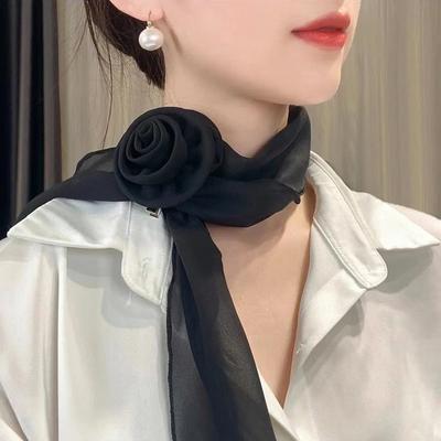 Sciarpa di seta a forma di rosa, versatile e morbida, per donne e ragazze, con fiocco lungo, ideale come sciarpa da ufficio, regalo per abbigliamento.