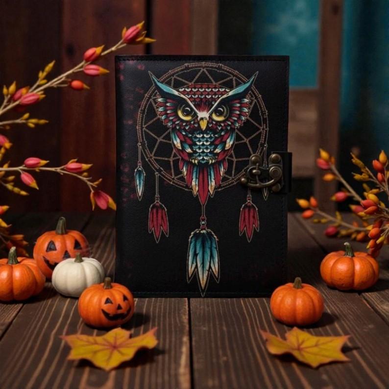 Handmade Leather Owl Dreamcatcher Journal | 5x7" Vintage Notebook | 200 Deckle Edge Pages | Witchy Boho Diary with Lock | Spiritual Writing Book