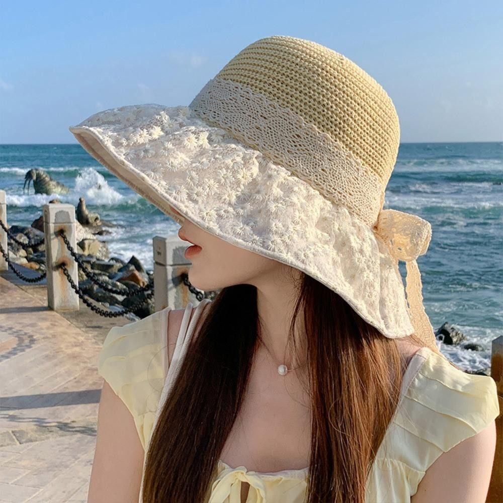 Lace Ribbon Bow Straw Bucket Hat Wide-Brim Fisherman Hat Elegant Beach Hat Outdoor Beach Travel
