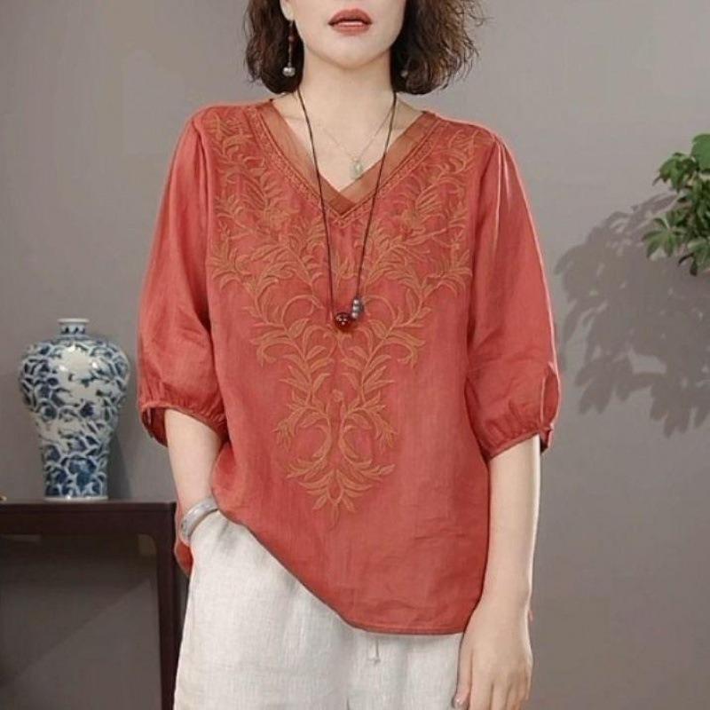Women Summer New Navy Blue V Neck Floral Embroidery Three Quarter Sleeve Casual Blouse
